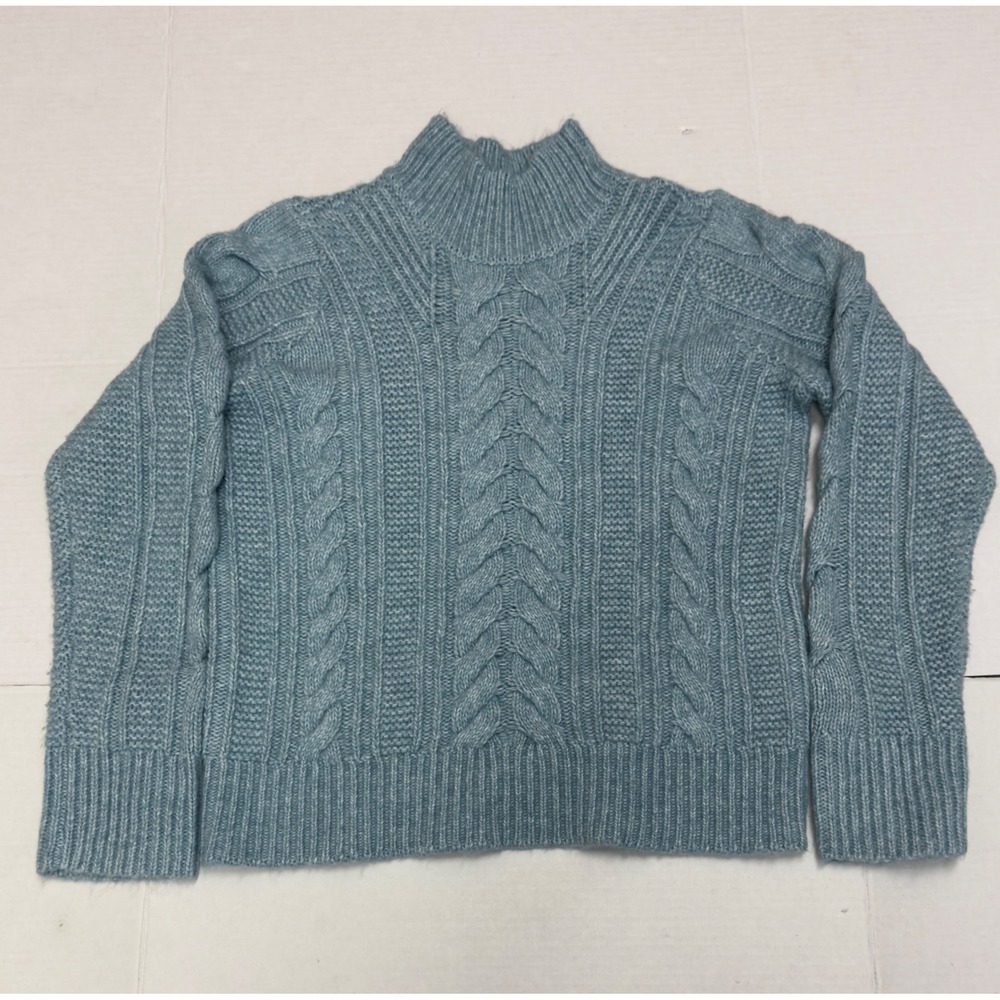 Vera Wang Cable Knit‎ Mock Neck Sweater XS Light Blue Coastal Grandmother Preppy